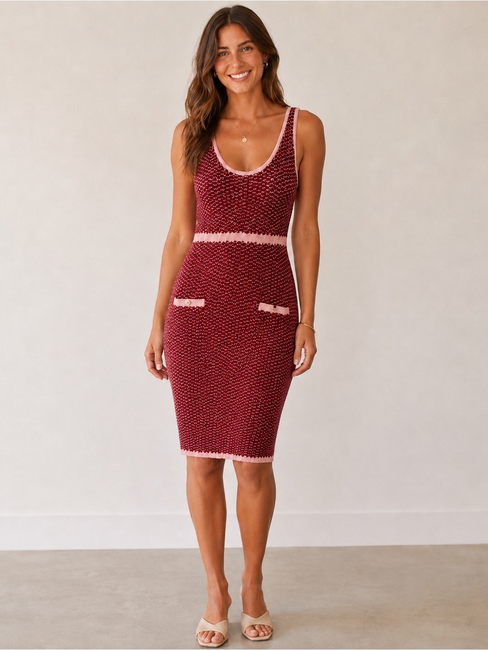 AQUA Maroon Red Pink Textured Knit Tweed Sleeveless Mini Dress Gold Button M